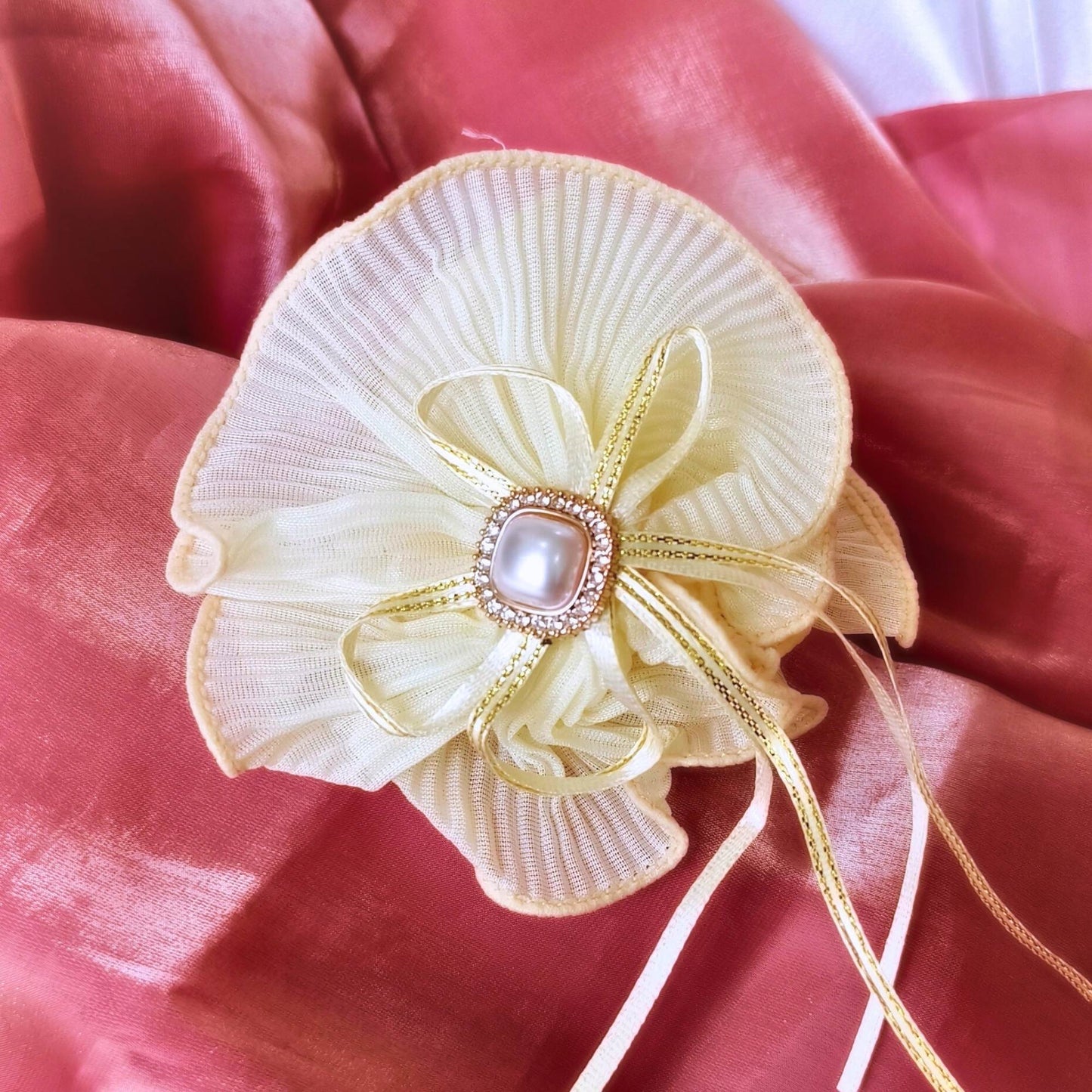 Blooming Soft crushed Scrunchie Pearl center with Ribbon