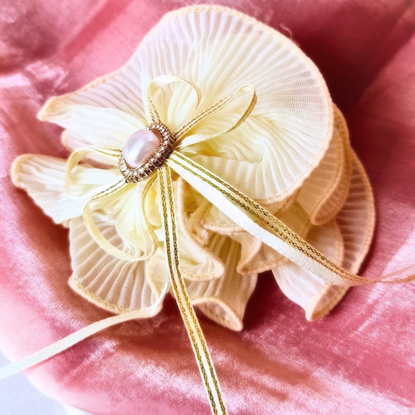Blooming Soft crushed Scrunchie Pearl center with Ribbon