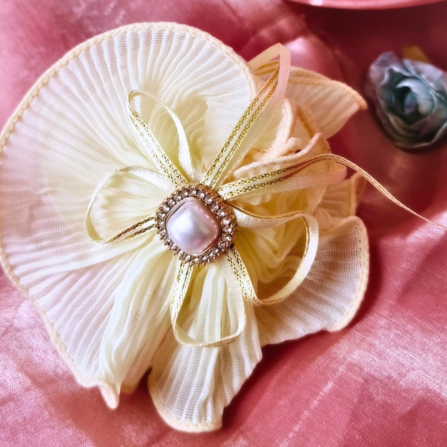 Blooming Soft crushed Scrunchie Pearl center with Ribbon