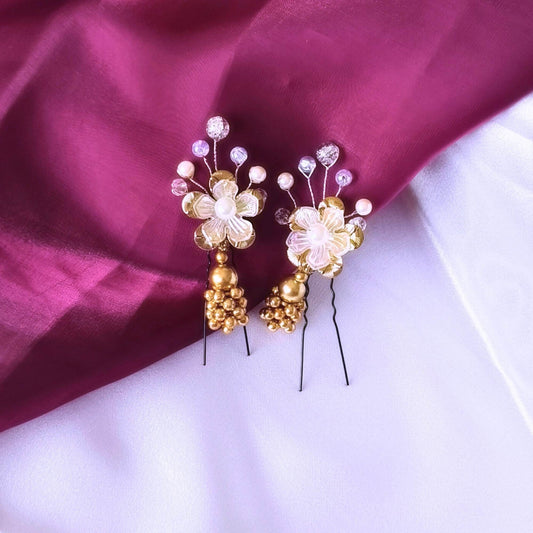 Blooming Handcrafted Hair Pin - Gold and pearl