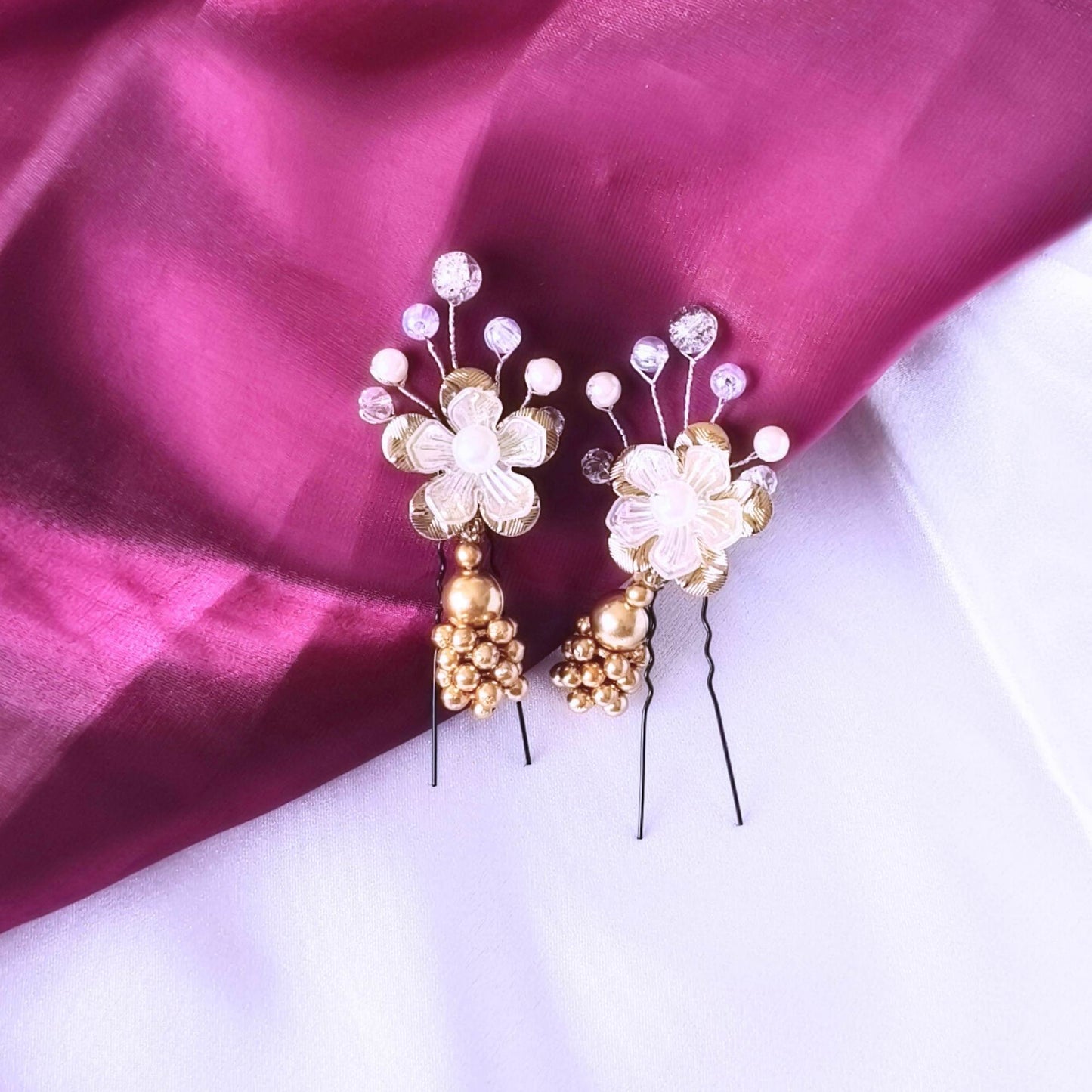 Blooming Handcrafted Hair Pin - Gold and pearl