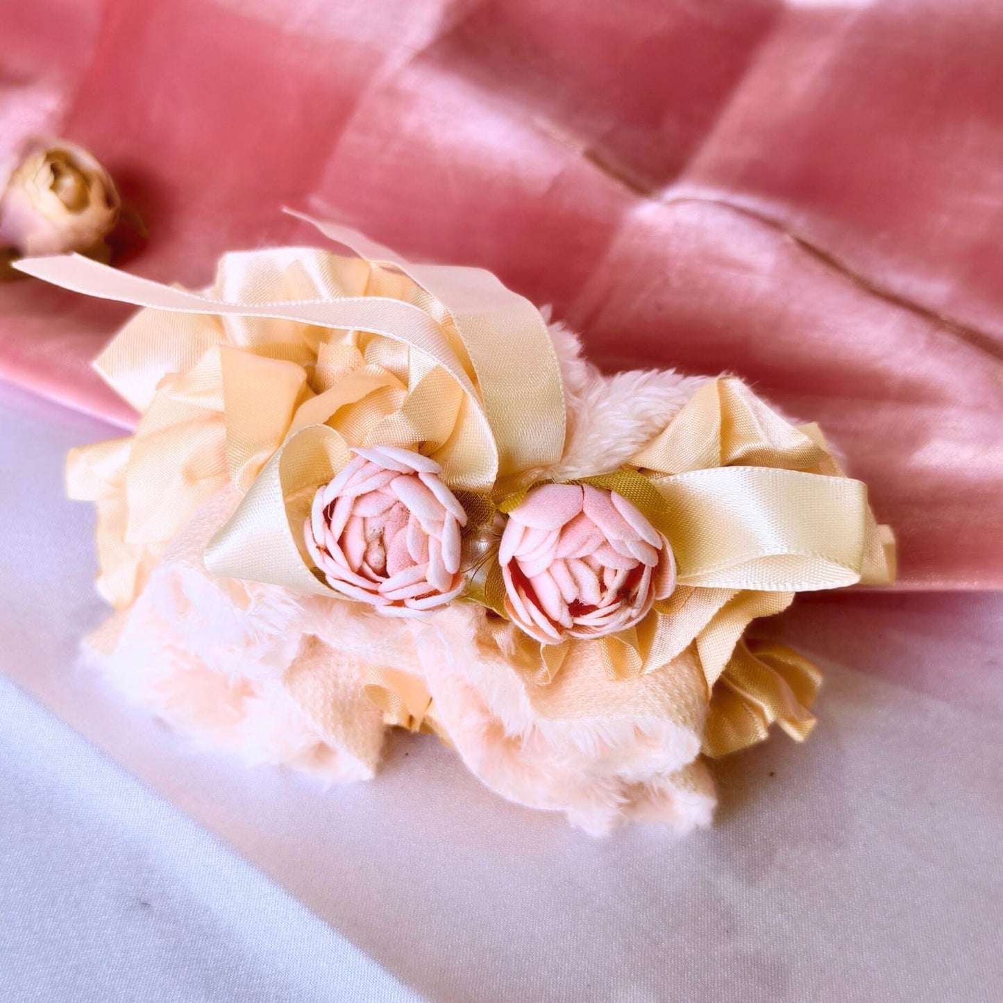 Blooming Soft Furry-Satin Scrunchie - Beige