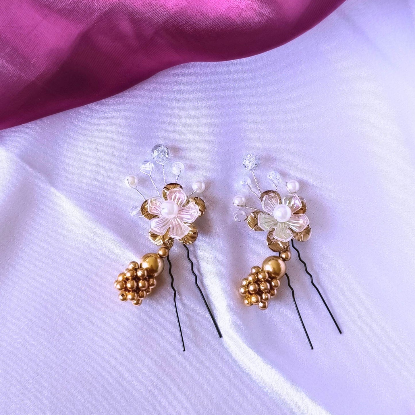 Blooming Handcrafted Hair Pin - Gold and pearl