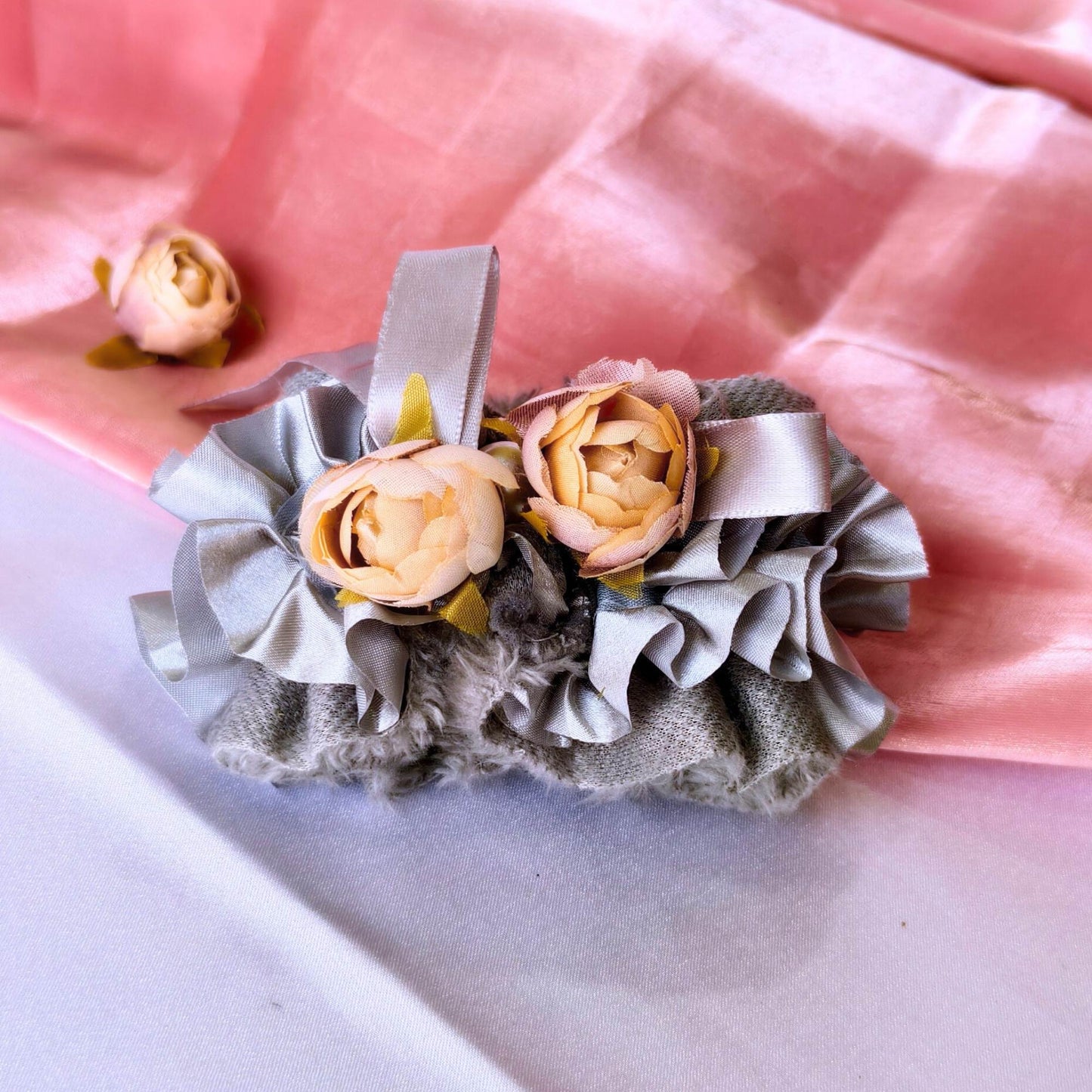 Blooming Soft Furry-Satin Scrunchie- Gray