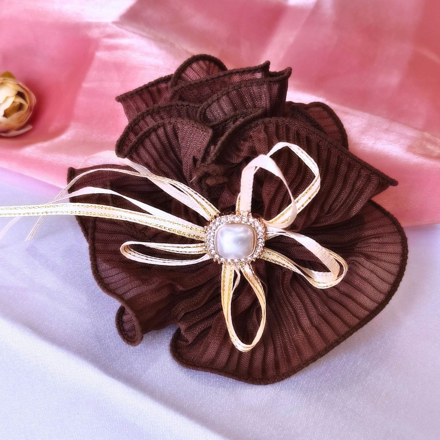 Blooming Soft crushed Scrunchie Pearl center with Ribbon