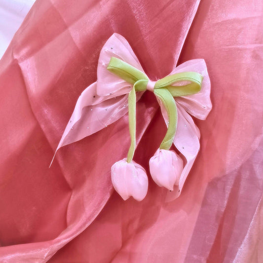 Blooming Organza bow & tulip flower Hair Pin - Pastel Pink.
