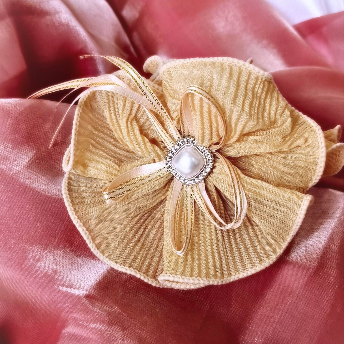 Blooming Soft crushed Scrunchie Pearl center with Ribbon