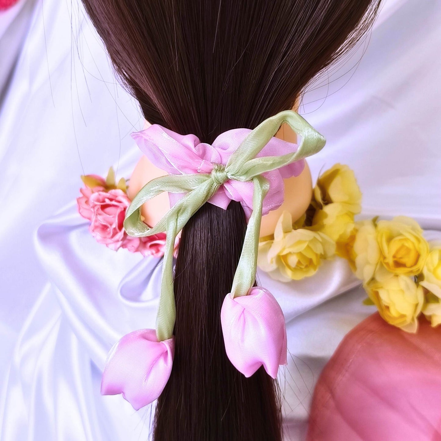 Blooming Organza Tulip flower scrunchies.