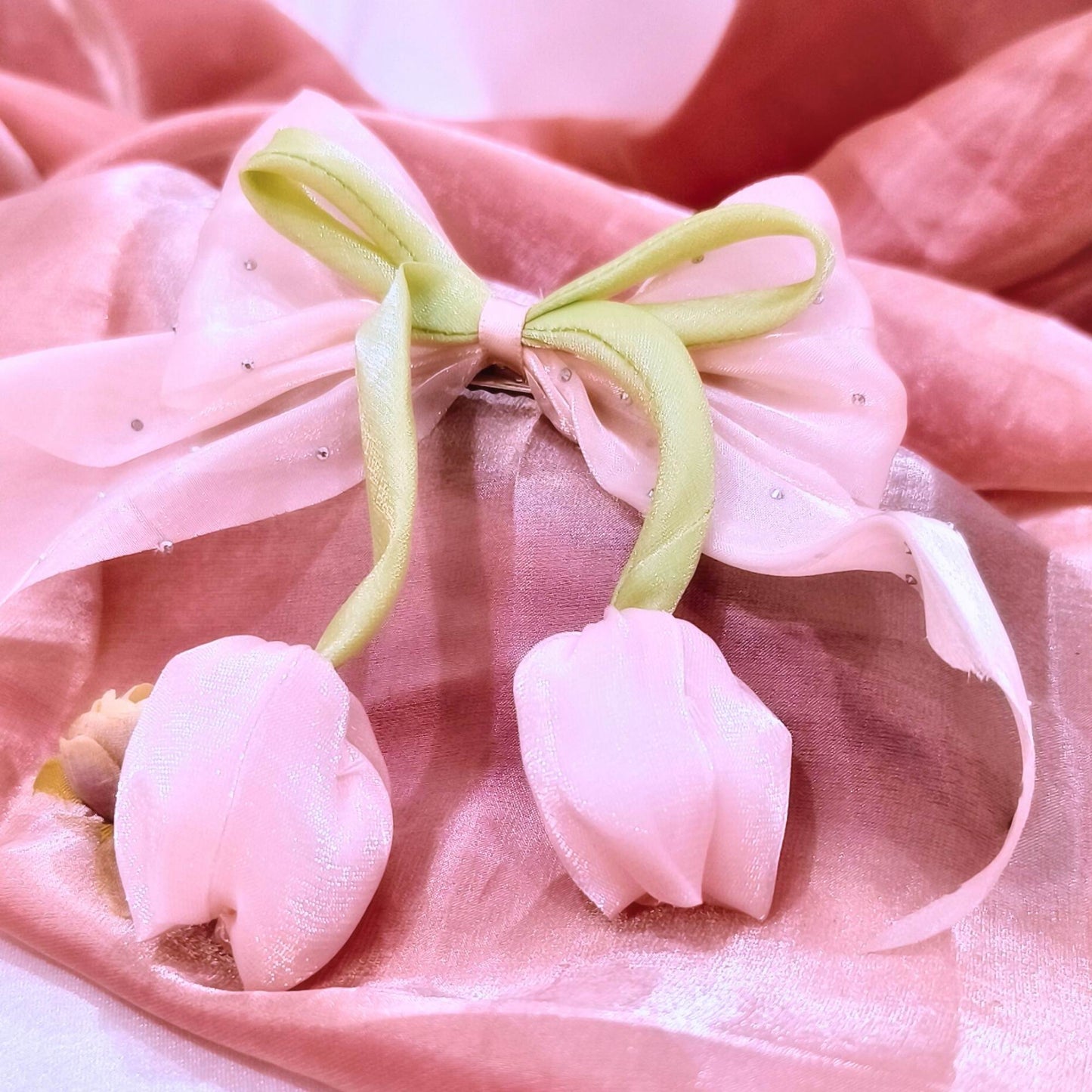 Blooming Organza bow & tulip flower Hair Pin - Pastel Pink.