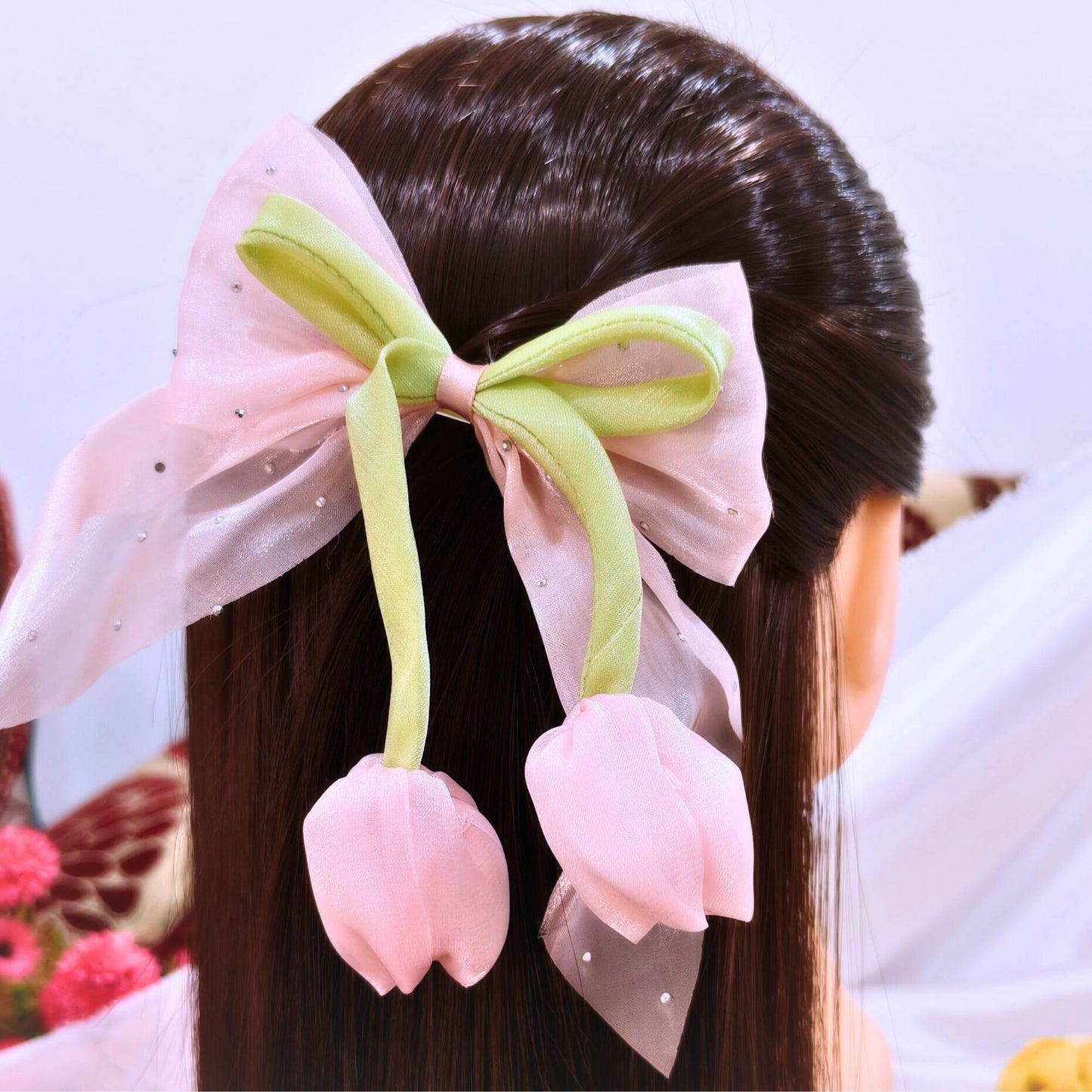 Blooming Organza bow & tulip flower Hair Pin - Pastel Pink.