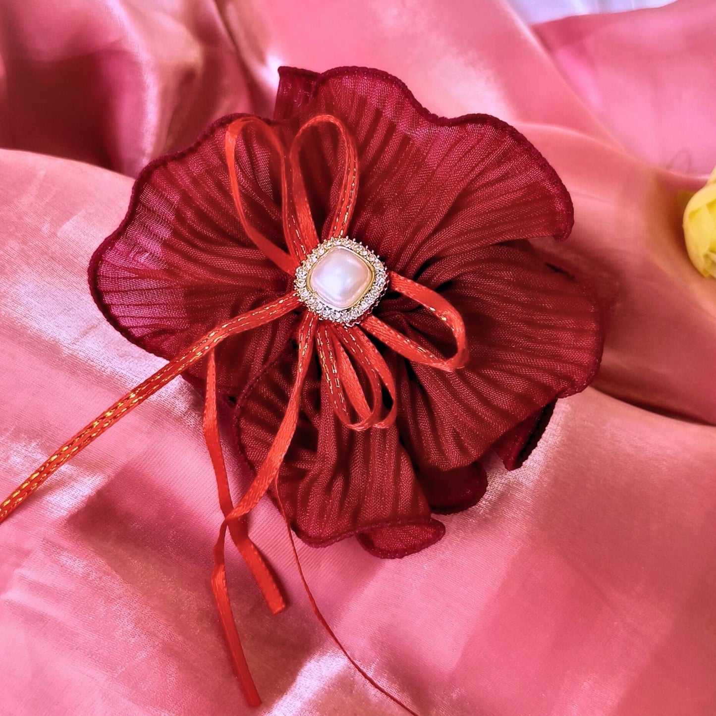 Blooming Soft crushed Scrunchie Pearl center with Ribbon