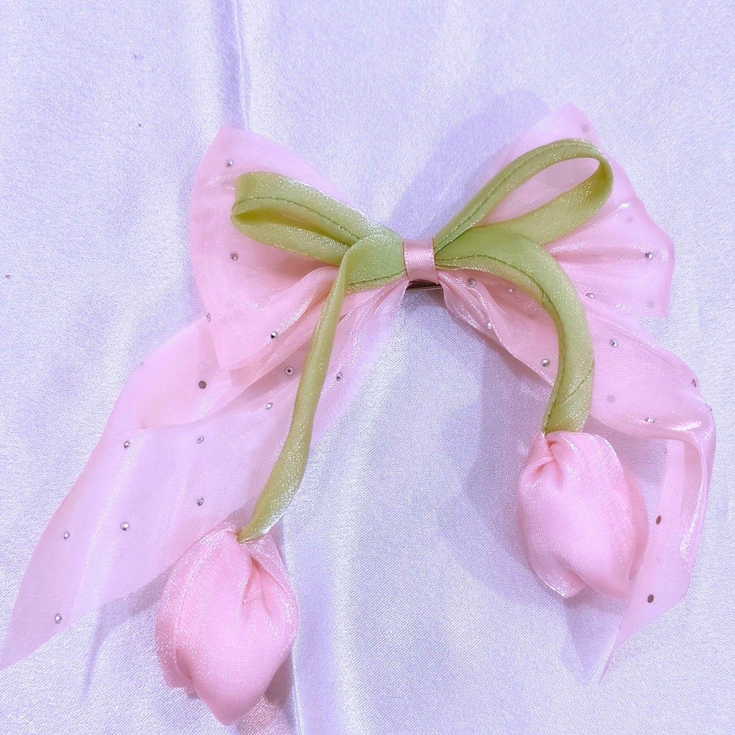 Blooming Organza bow & tulip flower Hair Pin - Pastel Pink.