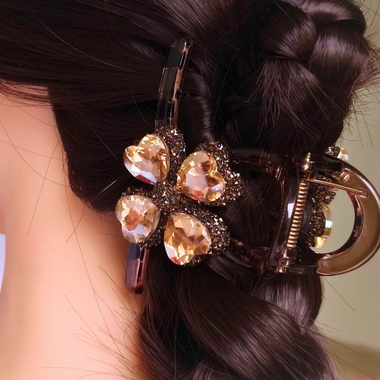 Blooming crystal heart flower claw clip- Brown.