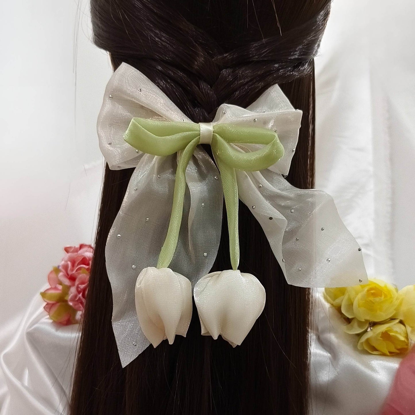 Blooming Organza bow & tulip flower Hair Pin - Pastel Pink.