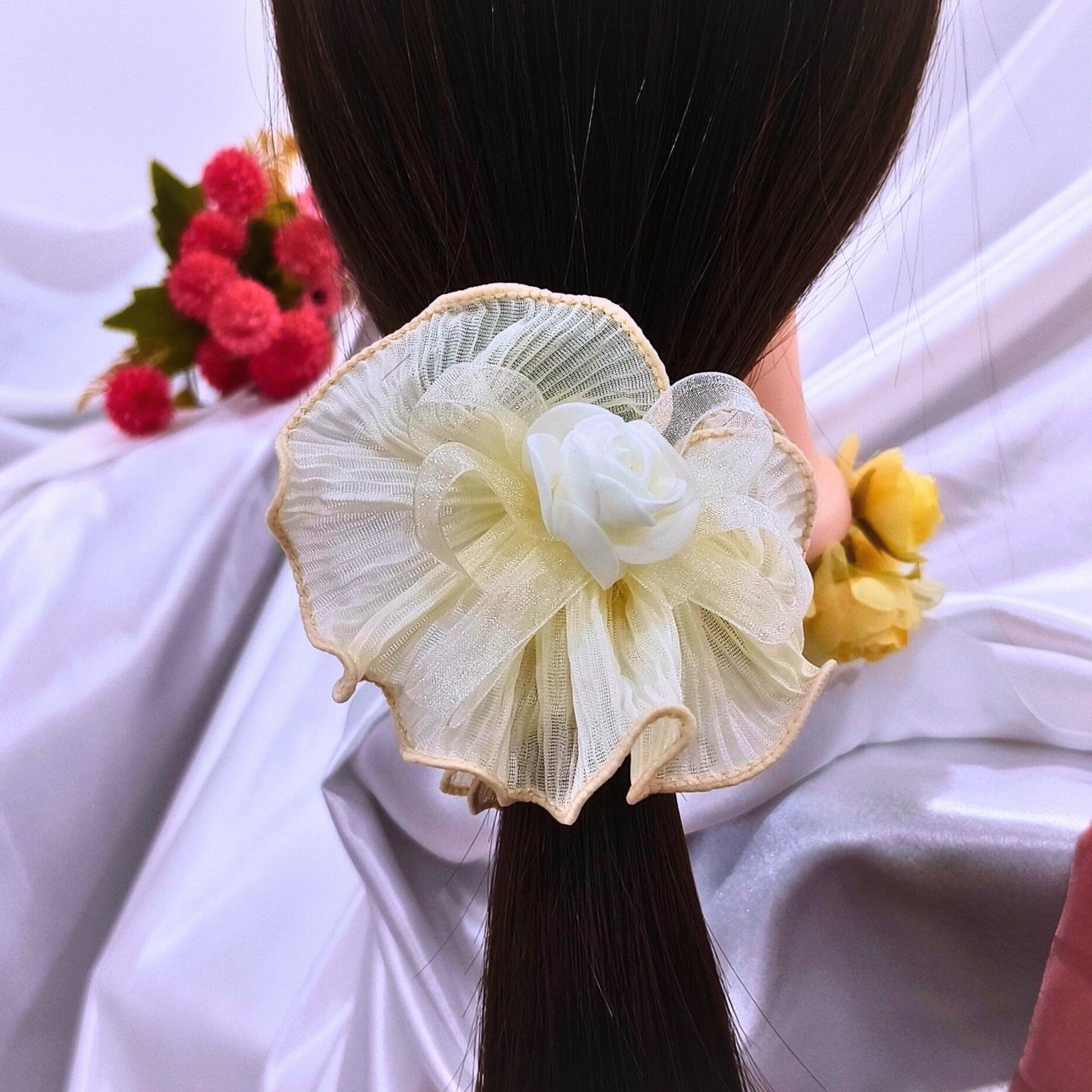 Blooming Crush scrunchies with Spongy flower- Light Yellow.