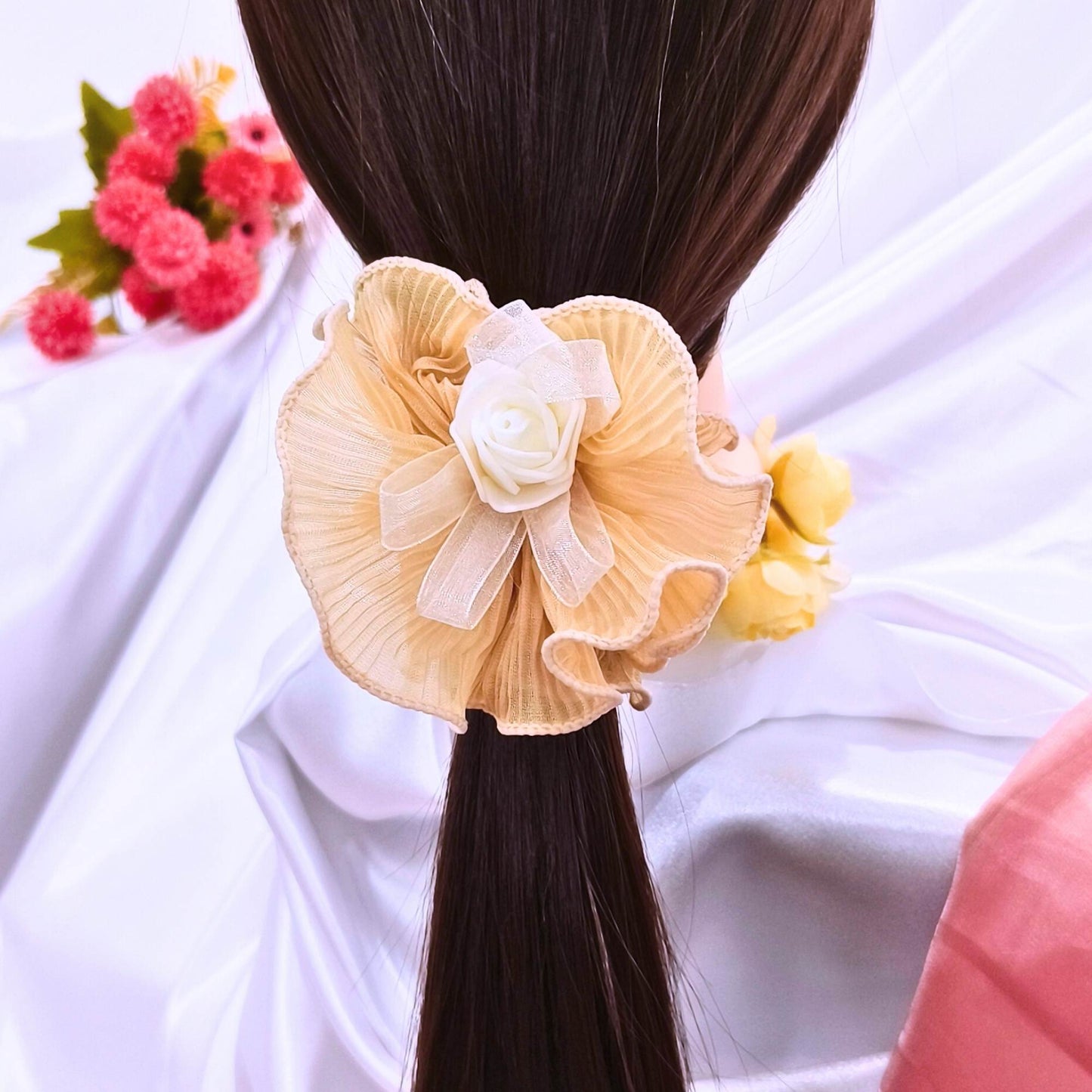 Blooming Crush scrunchies with Spongy flower- Beige
