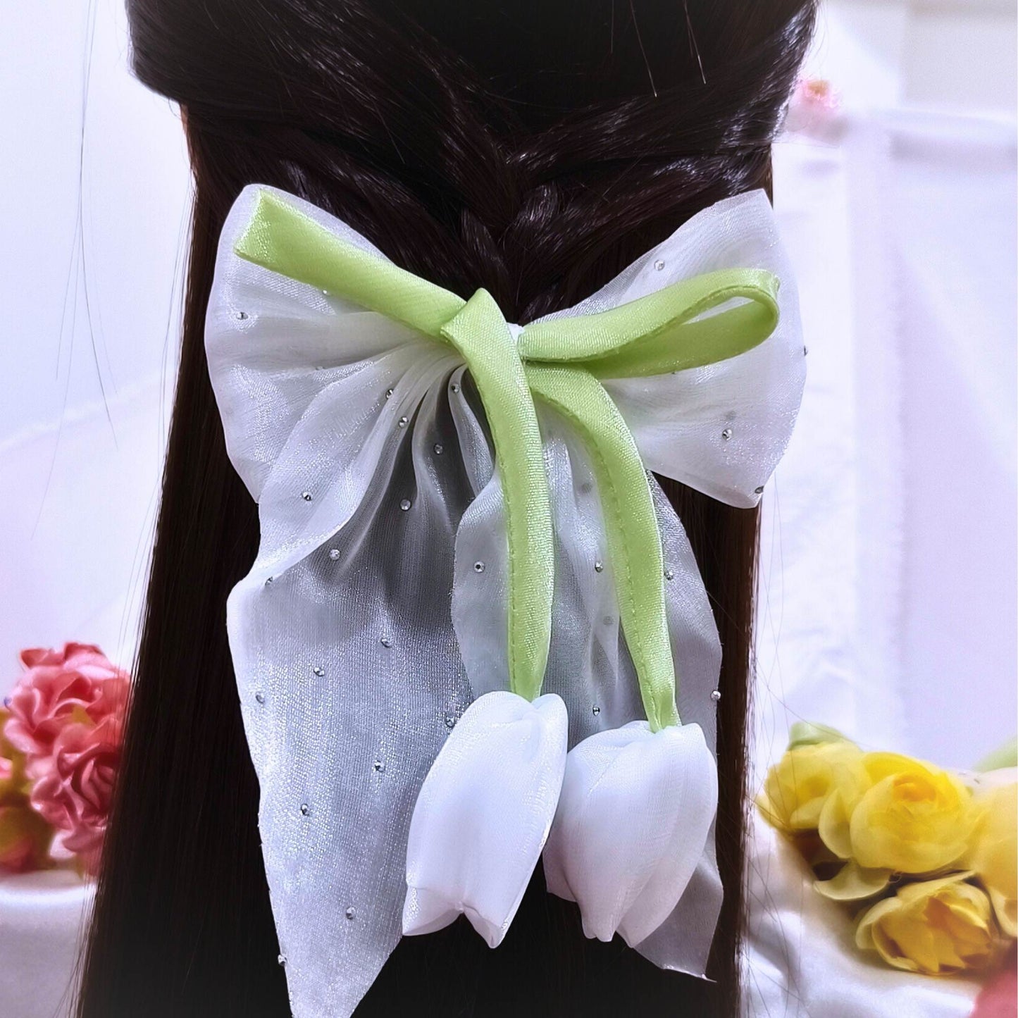 Blooming Organza bow & tulip flower Hair Pin - Pastel Pink.