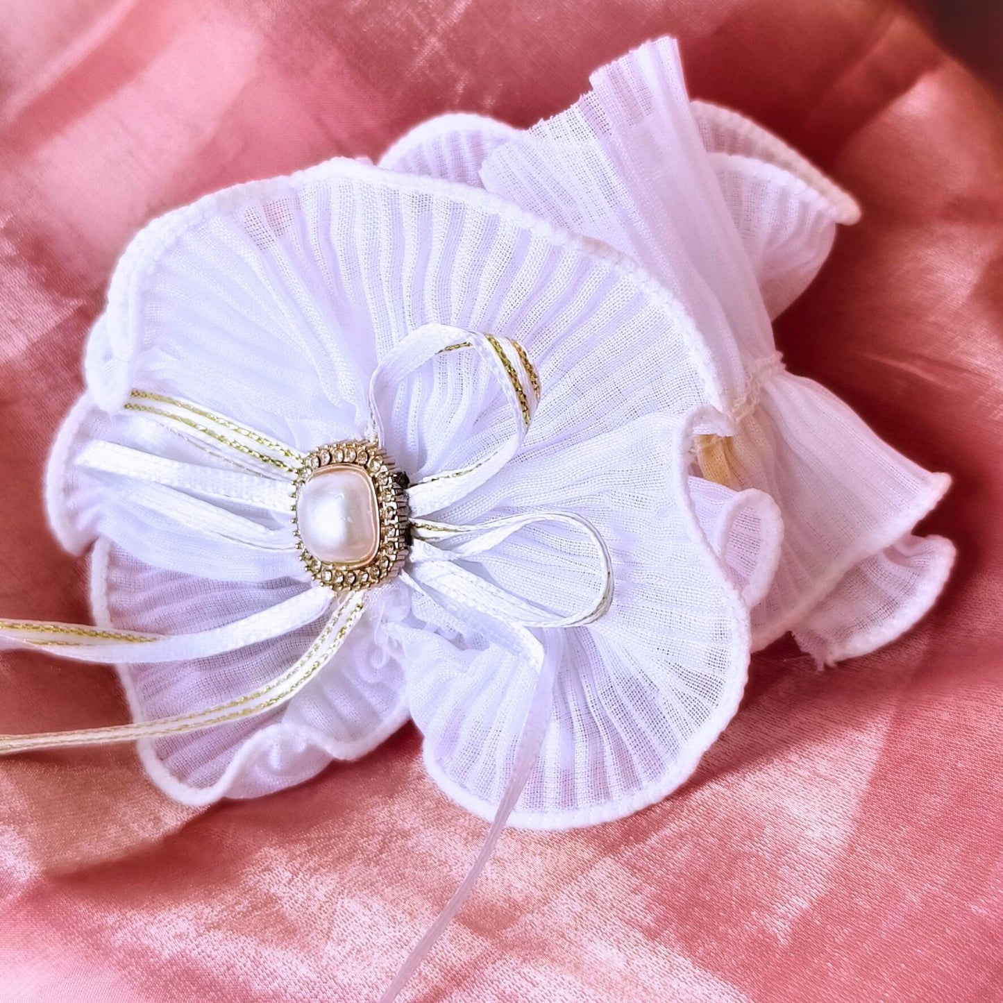 Blooming Soft crushed Scrunchie Pearl center with Ribbon