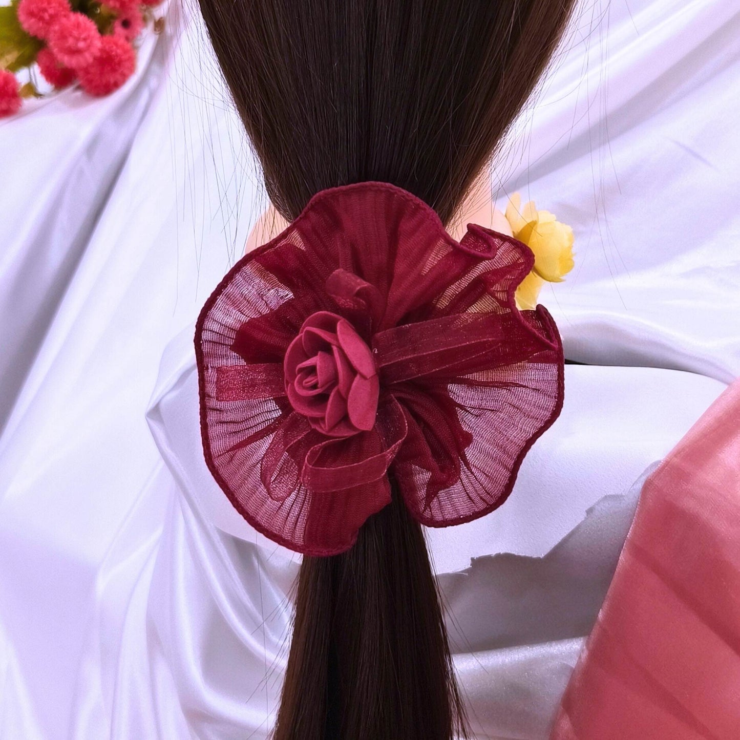 Blooming Crush scrunchies with Spongy flower - Maroon