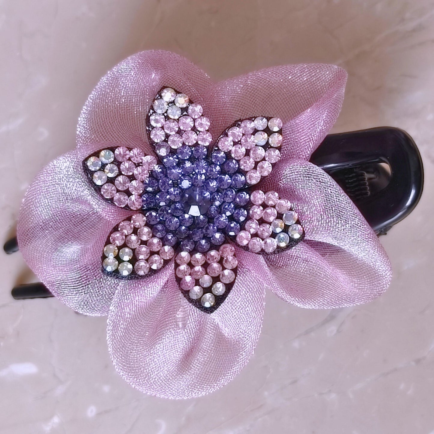 Blooming Side-Angle organza flower crystal Claw Clip -Pink