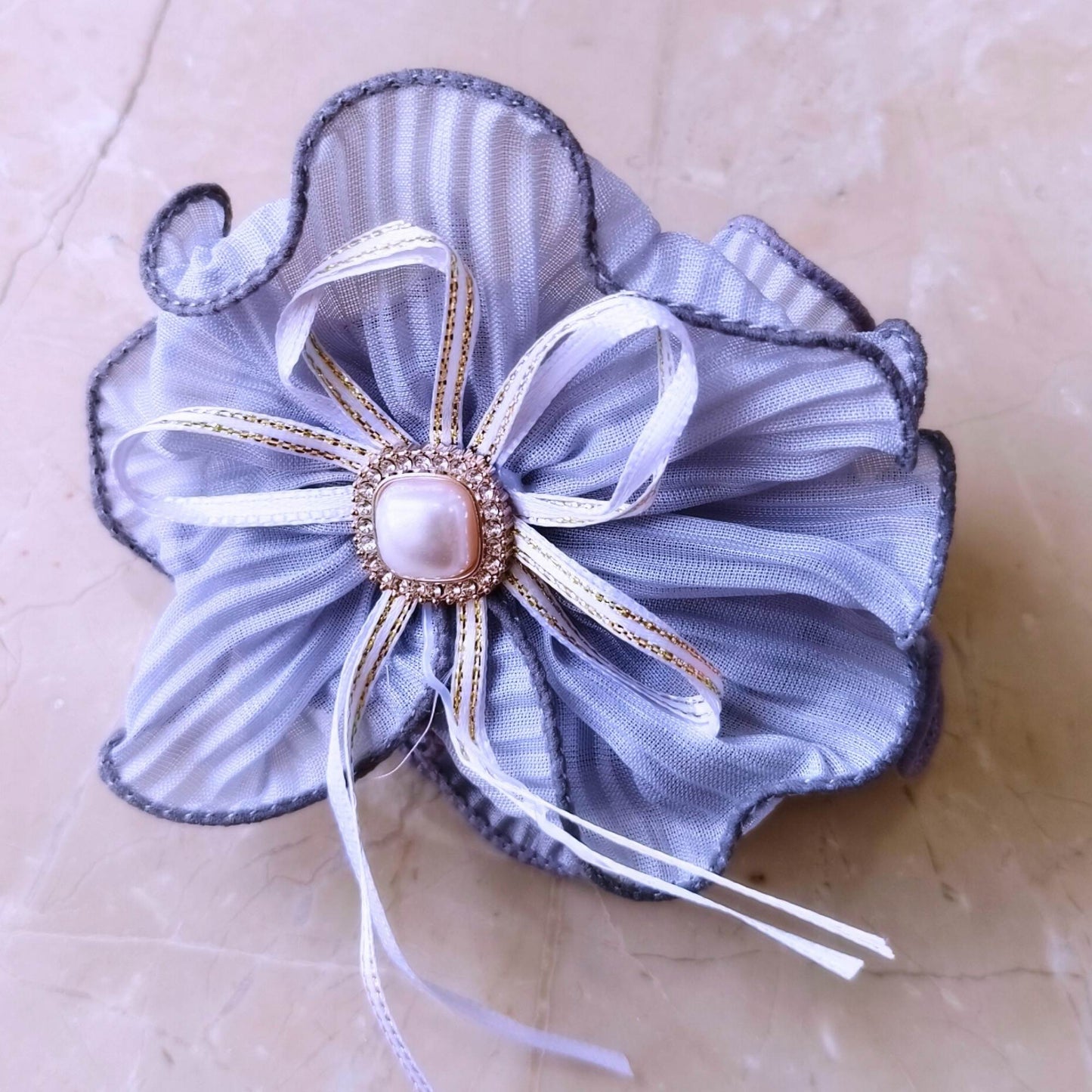 Blooming Soft crushed Scrunchie Pearl center with Ribbon
