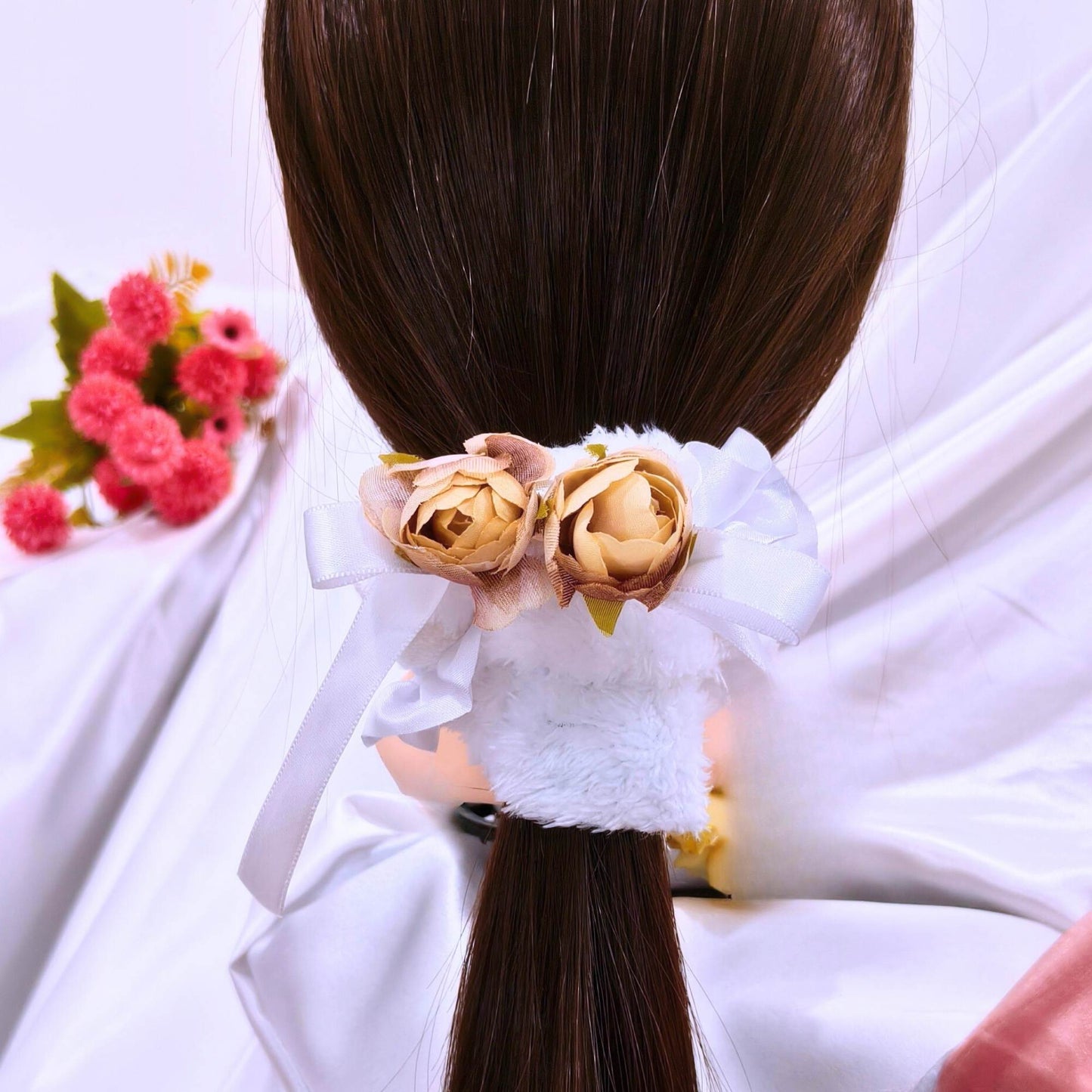 Blooming Soft Furry-Satin Scrunchie- White
