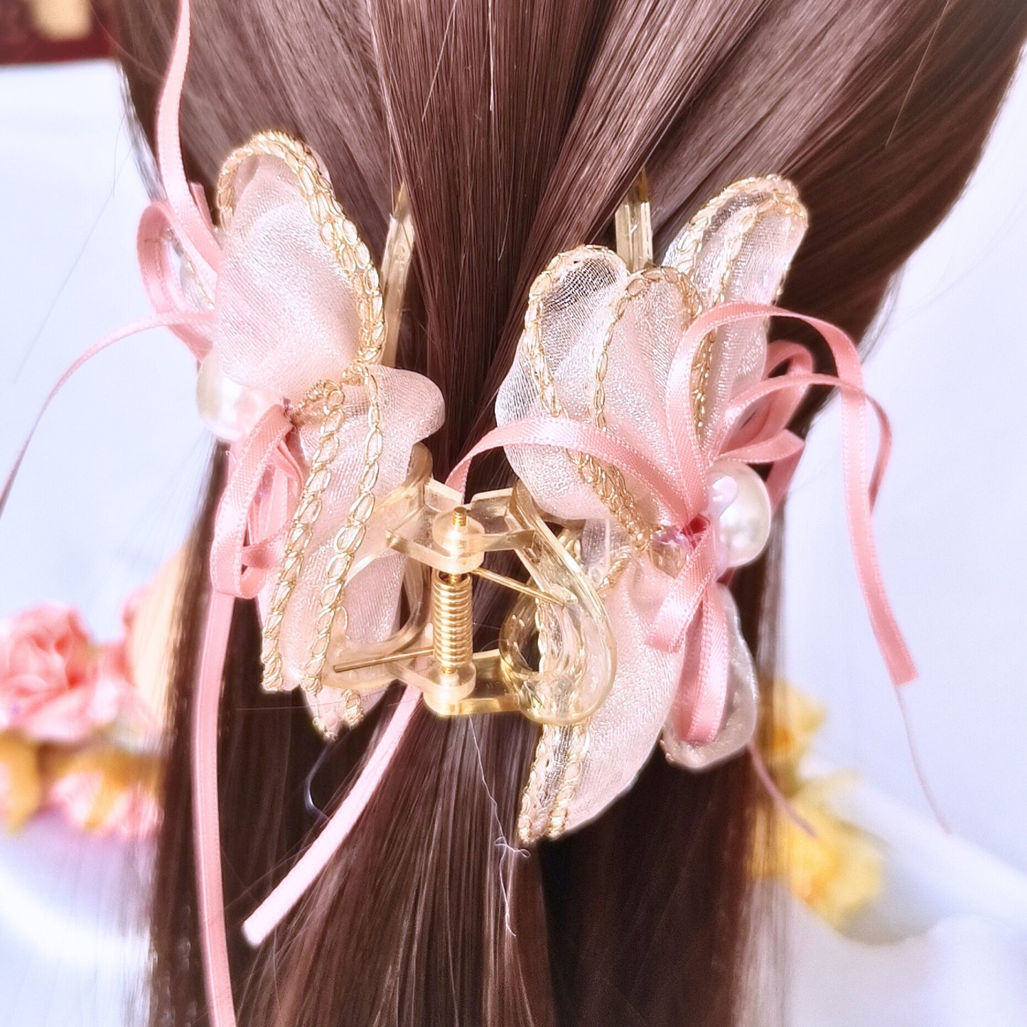 Blooming Organza flower claw clip with Golden Border- Pink.