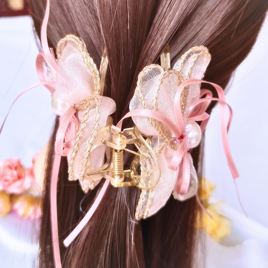 Blooming Organza flower claw clip with Golden Border- Pink.