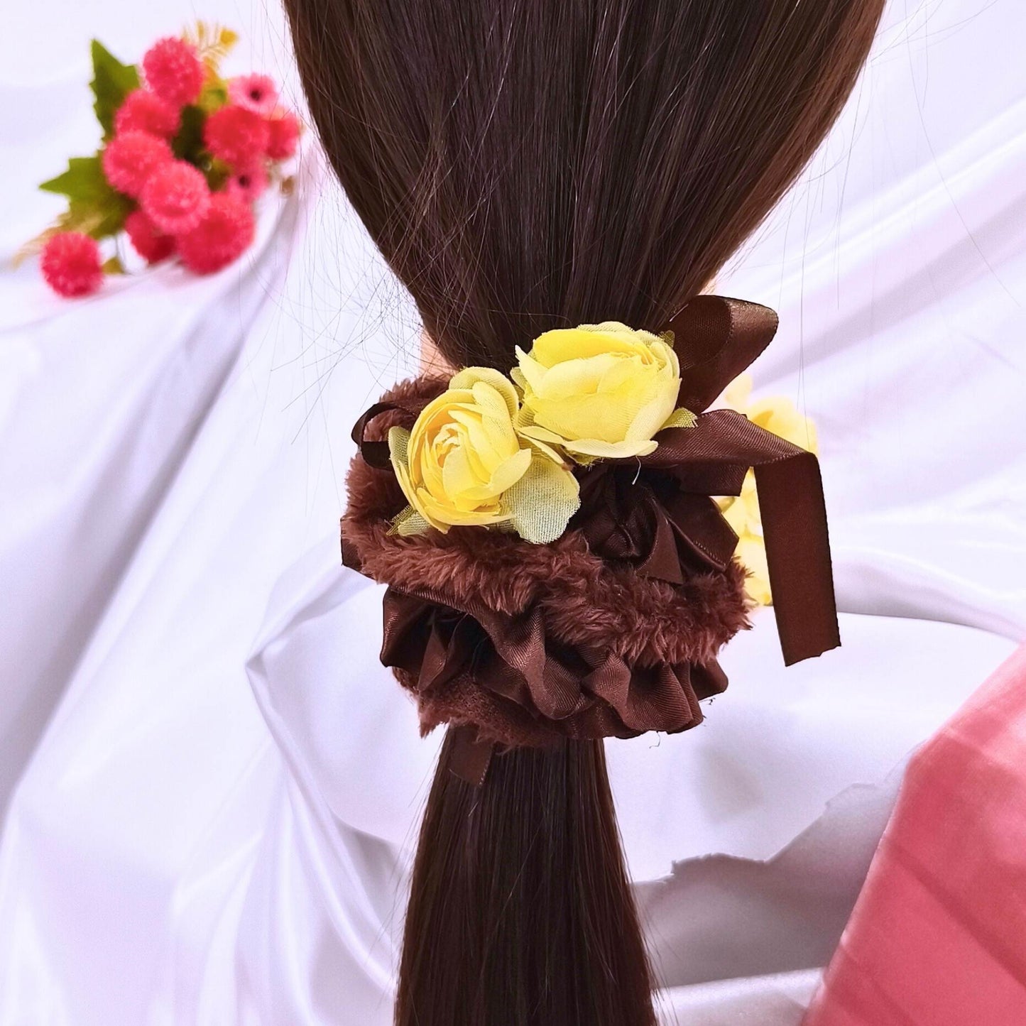Blooming Soft Furry-Satin Scrunchie - Brown.