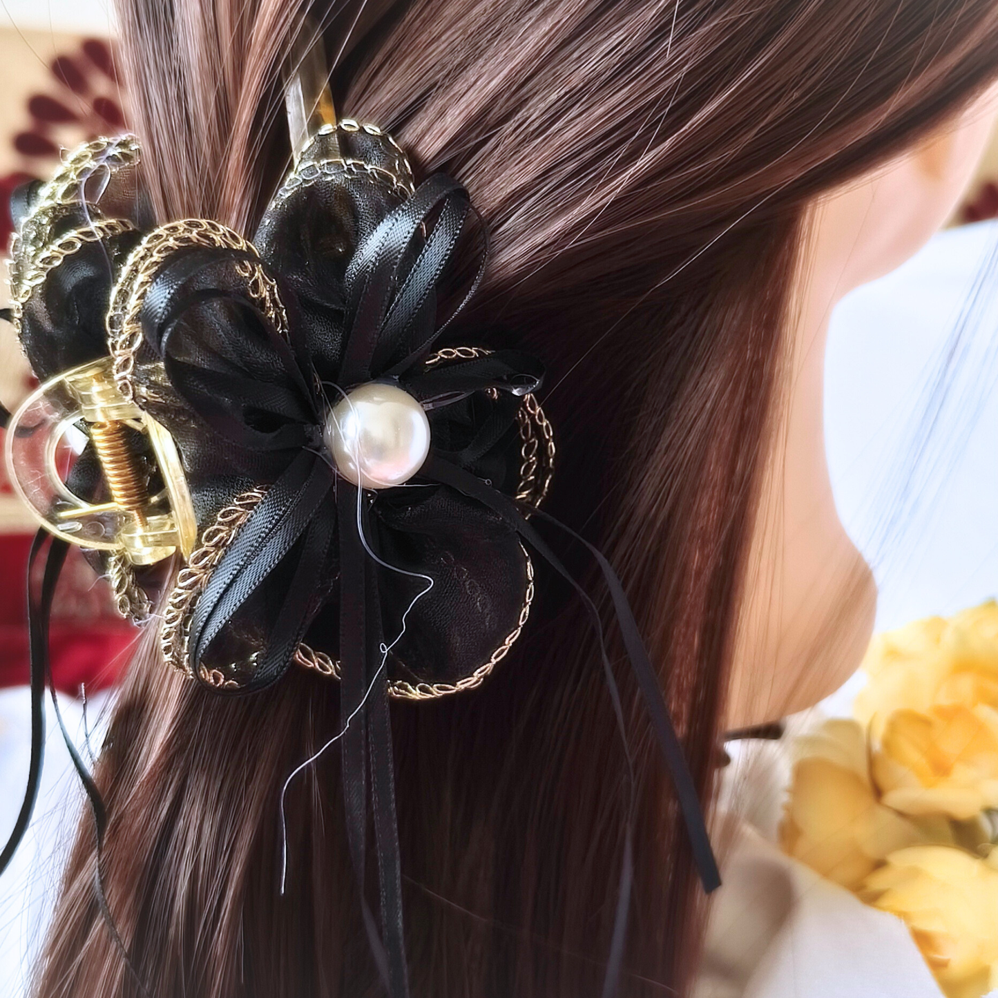Blooming Organza flower claw clip with Golden Border- Black
