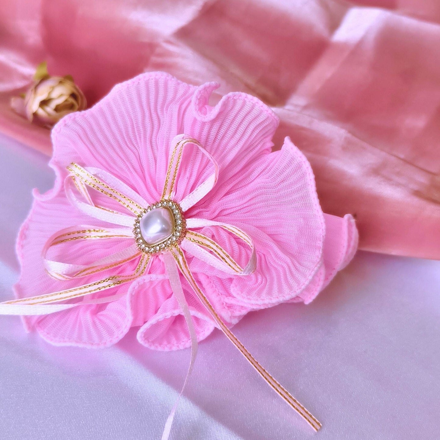 Blooming Soft crushed Scrunchie Pearl center with Ribbon