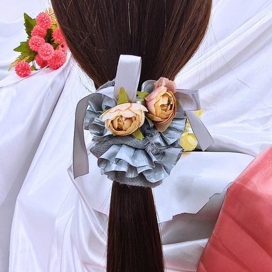 Blooming Soft Furry-Satin Scrunchie- Gray