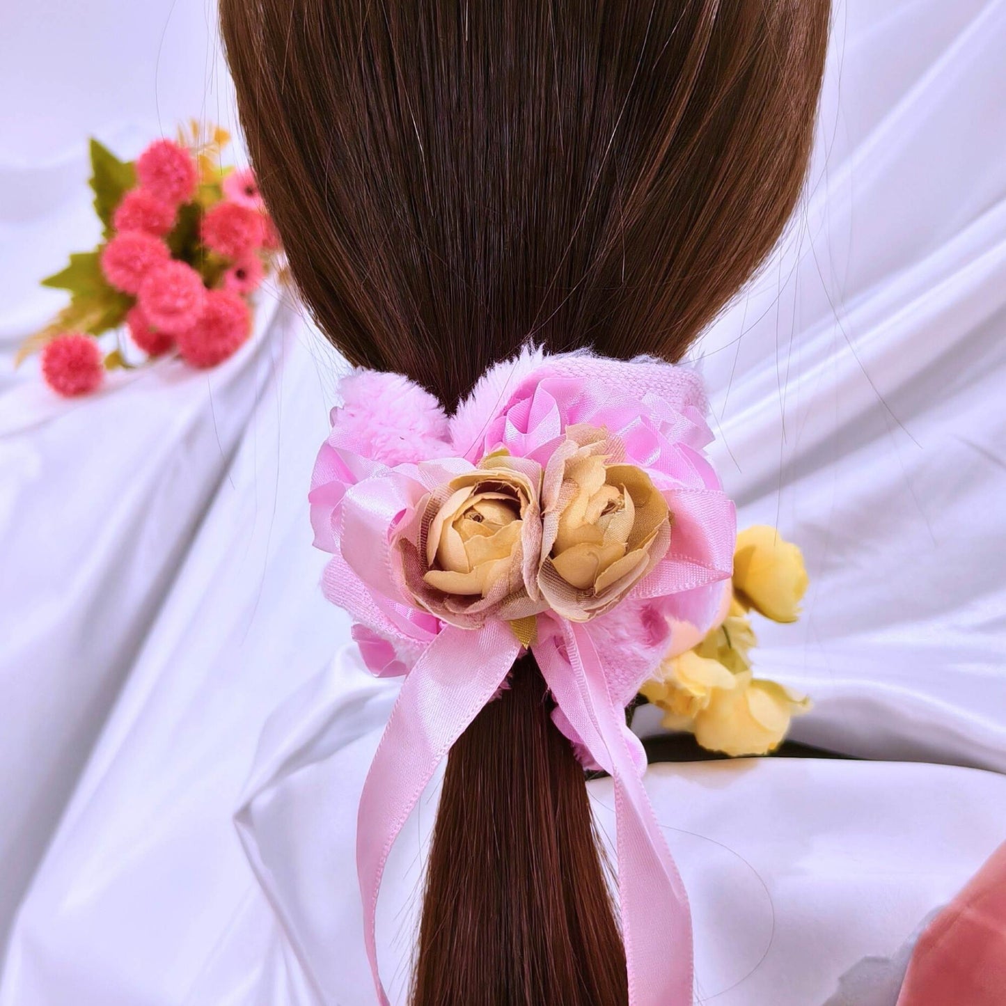 Blooming Soft Furry-Satin Scrunchie- Pink.