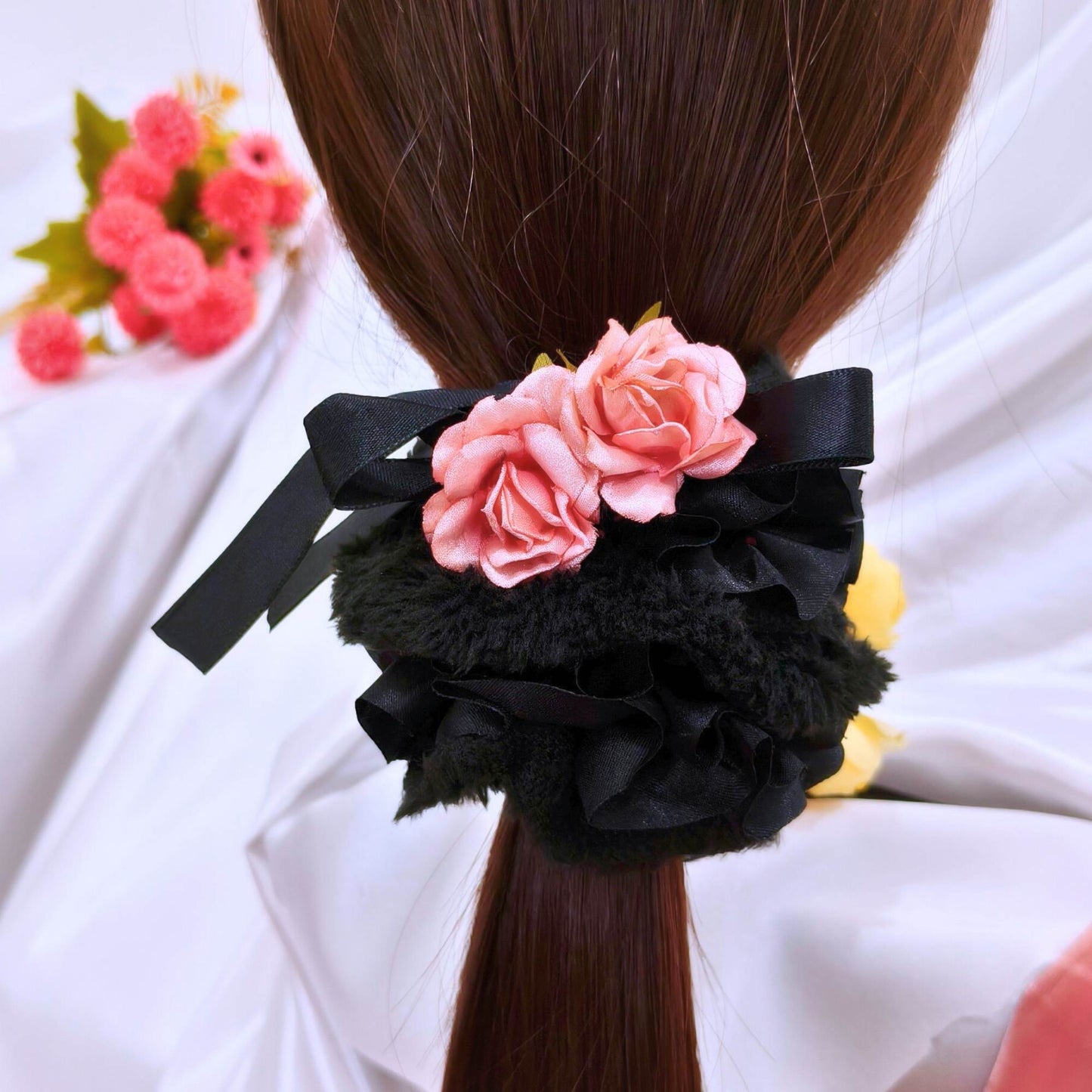 Blooming Soft Furry-Satin Scrunchie- Black