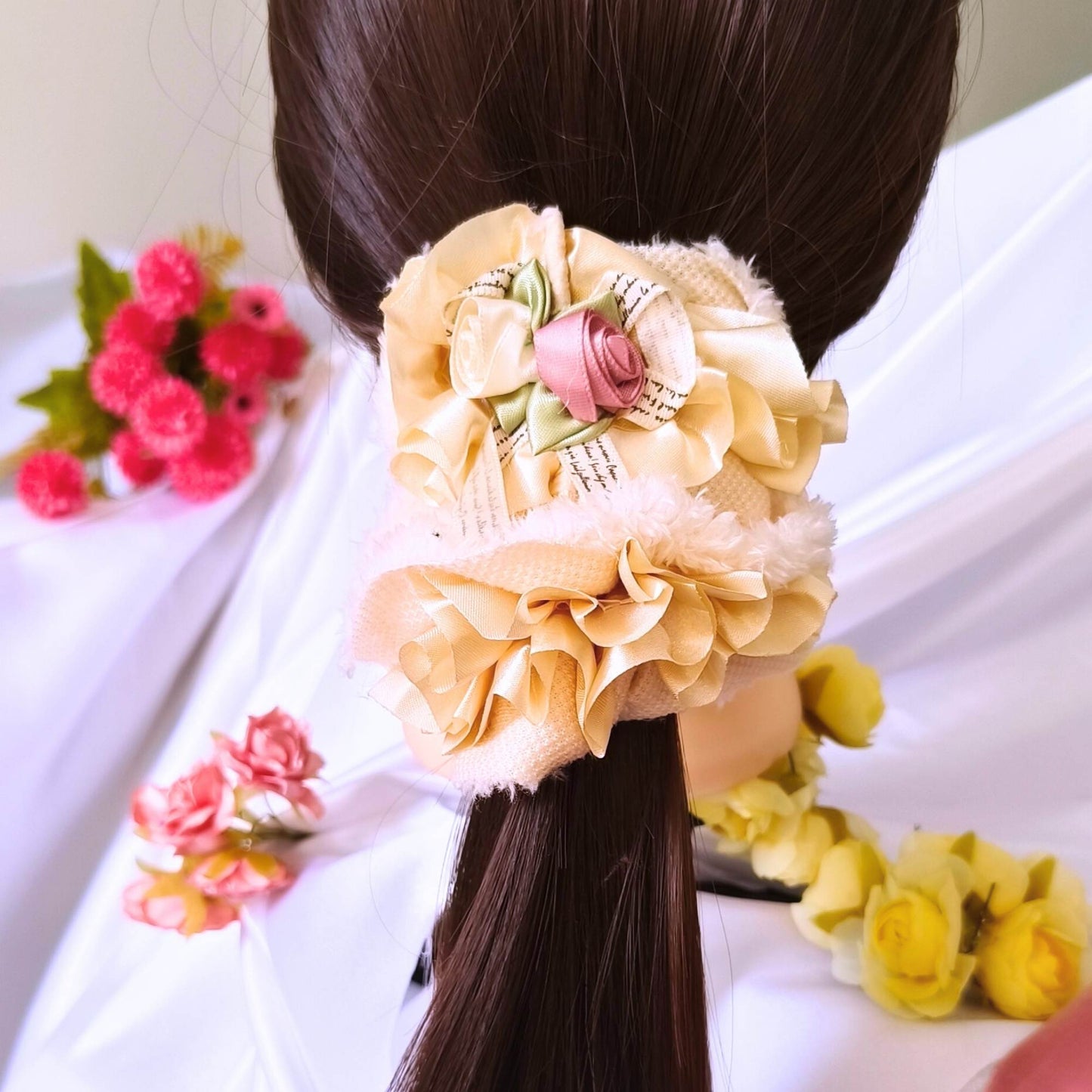 Premium Soft Bloom Furry Satin Scrunchie - Light Yellow.