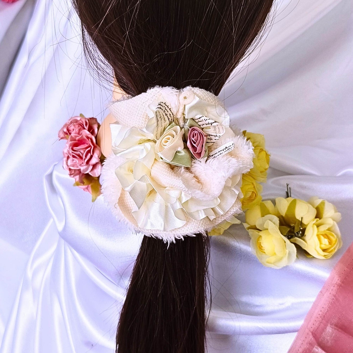 Premium Soft Bloom Furry Satin Scrunchie - Light Yellow.