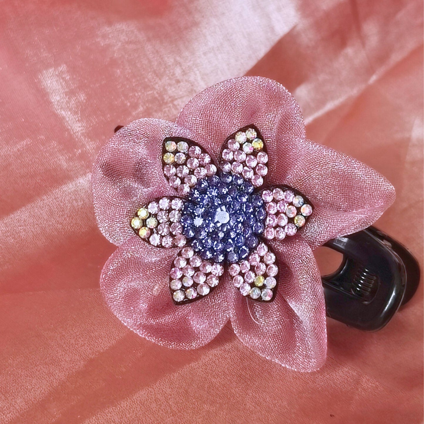 Blooming Side-Angle organza flower crystal Claw Clip -Pink