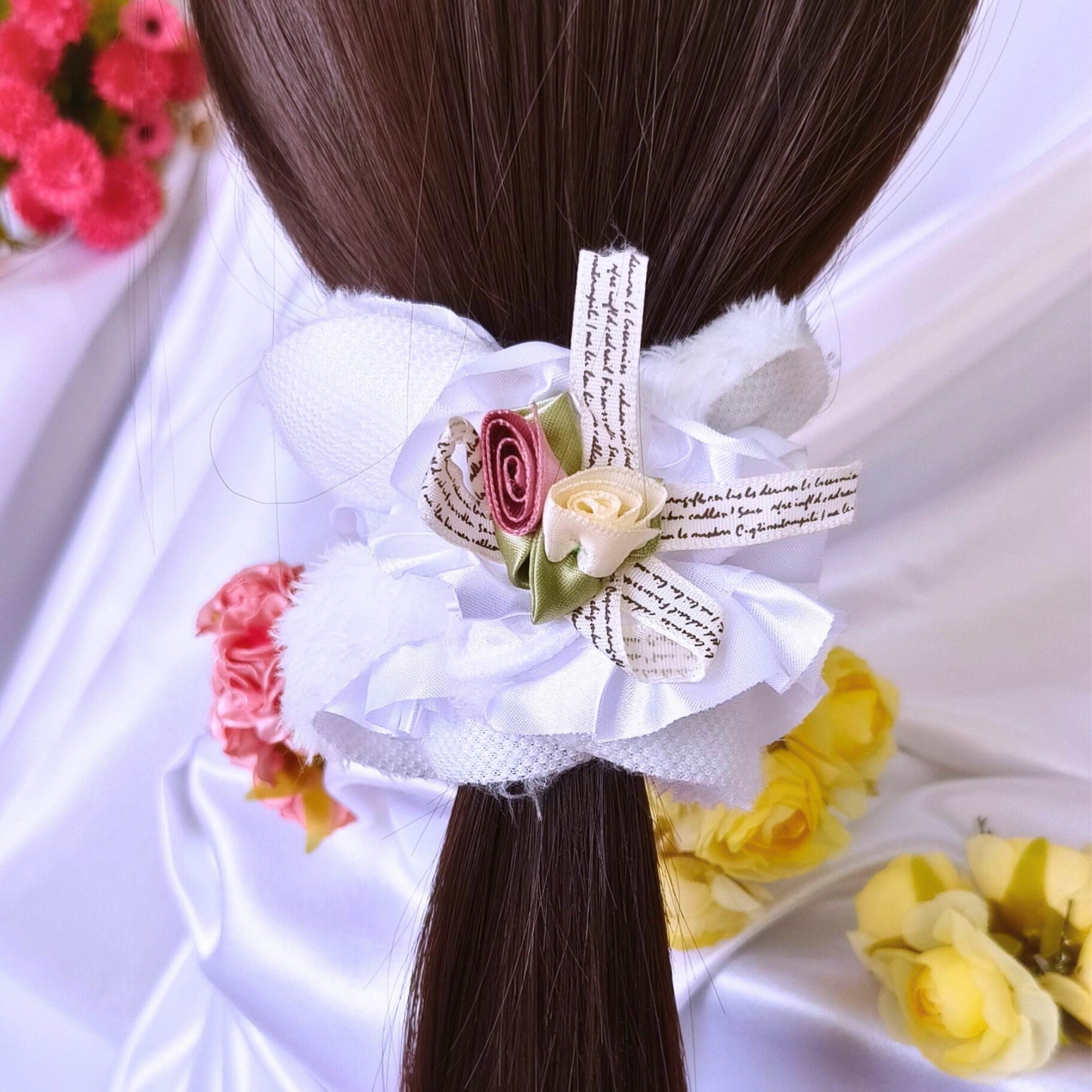 Premium Soft Bloom Furry Satin Scrunchie - Light Yellow.