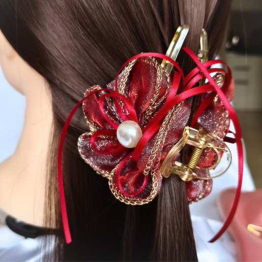 Blooming Organza flower claw clip with Golden Border- Red.