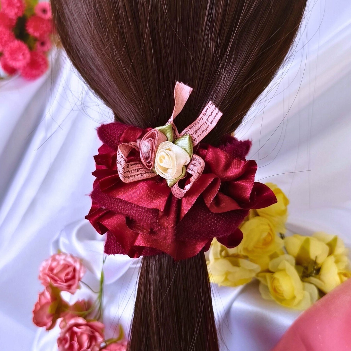 Premium Soft Bloom Furry Satin Scrunchie - Light Yellow.