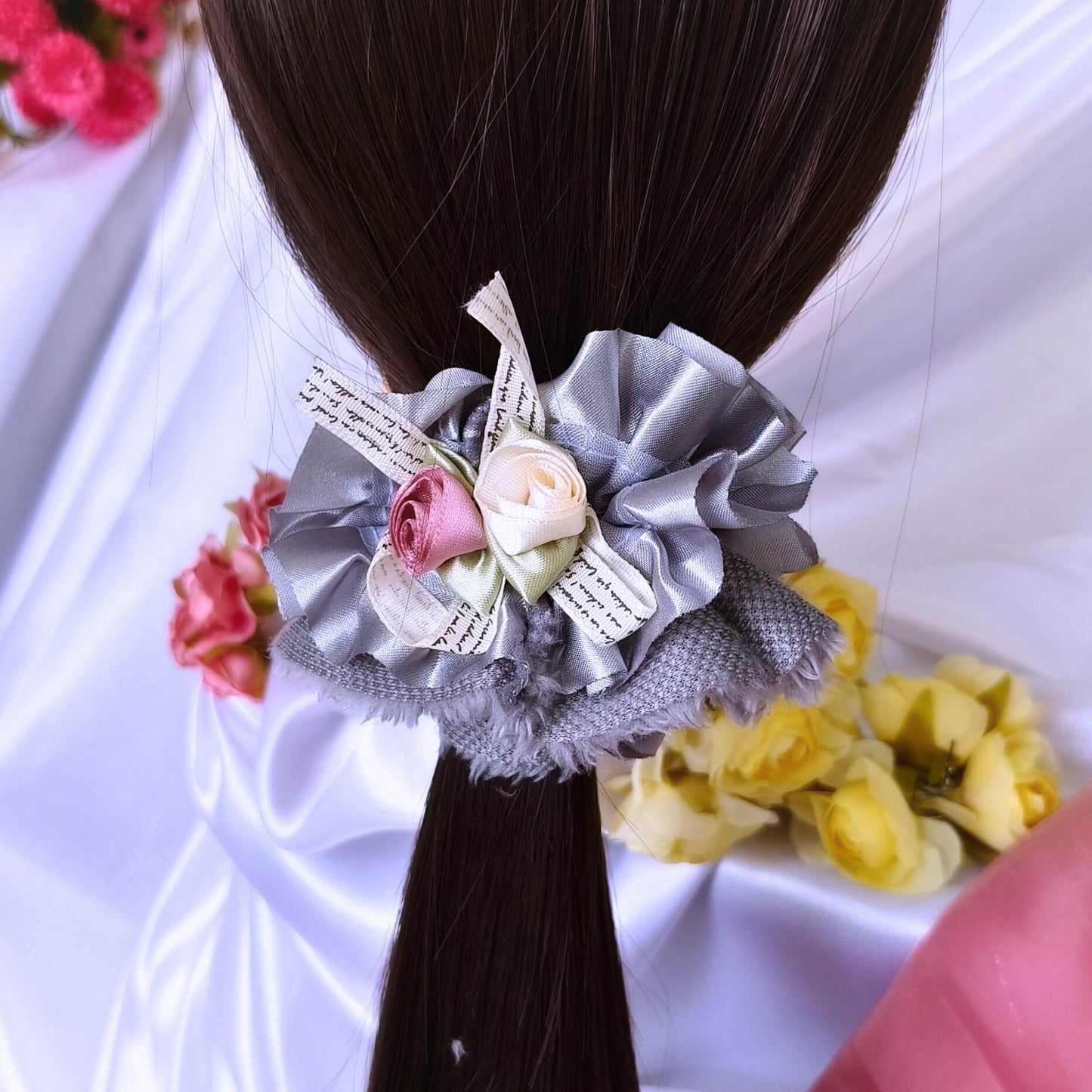 Premium Soft Bloom Furry Satin Scrunchie - Light Yellow.