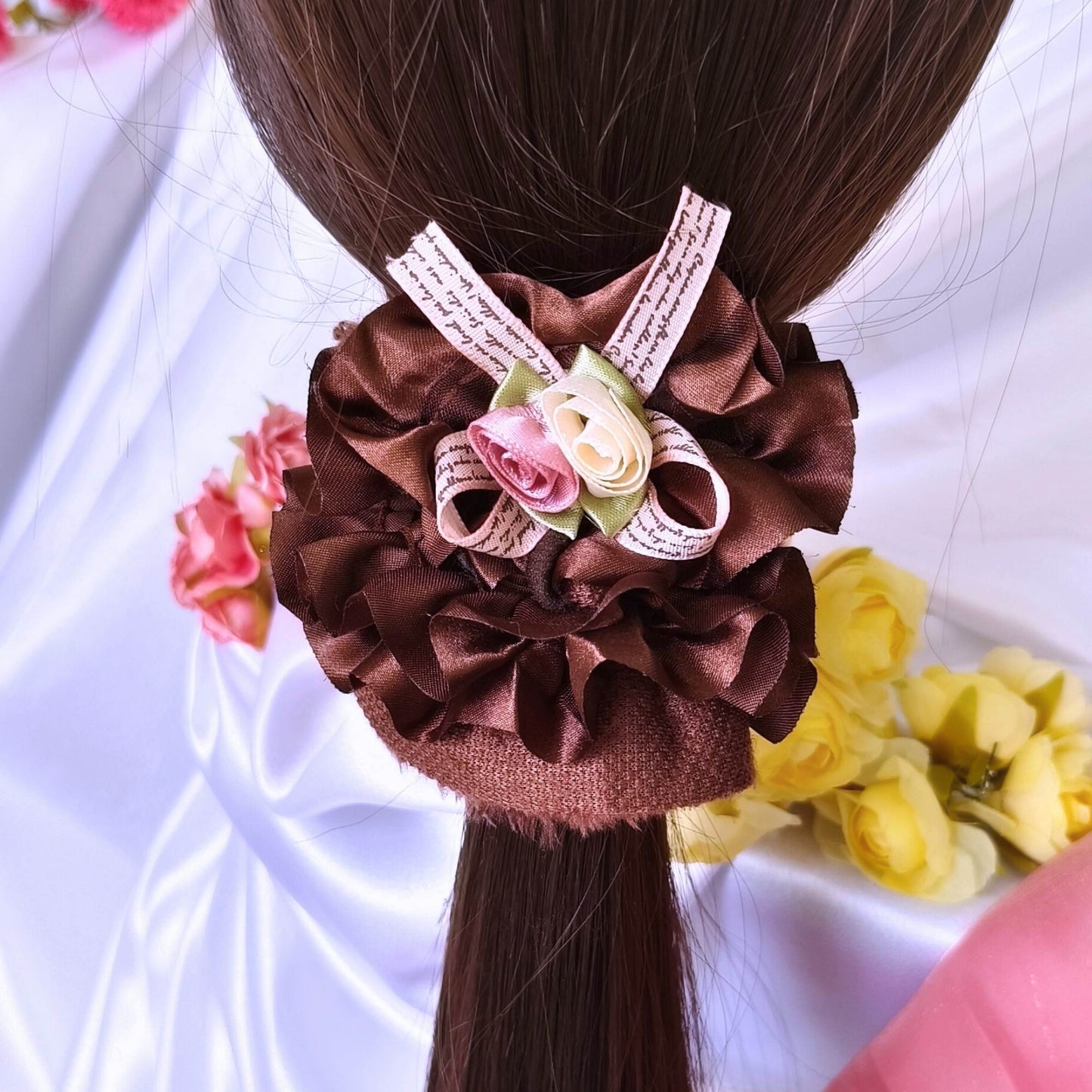 Premium Soft Bloom Furry Satin Scrunchie - Light Yellow.