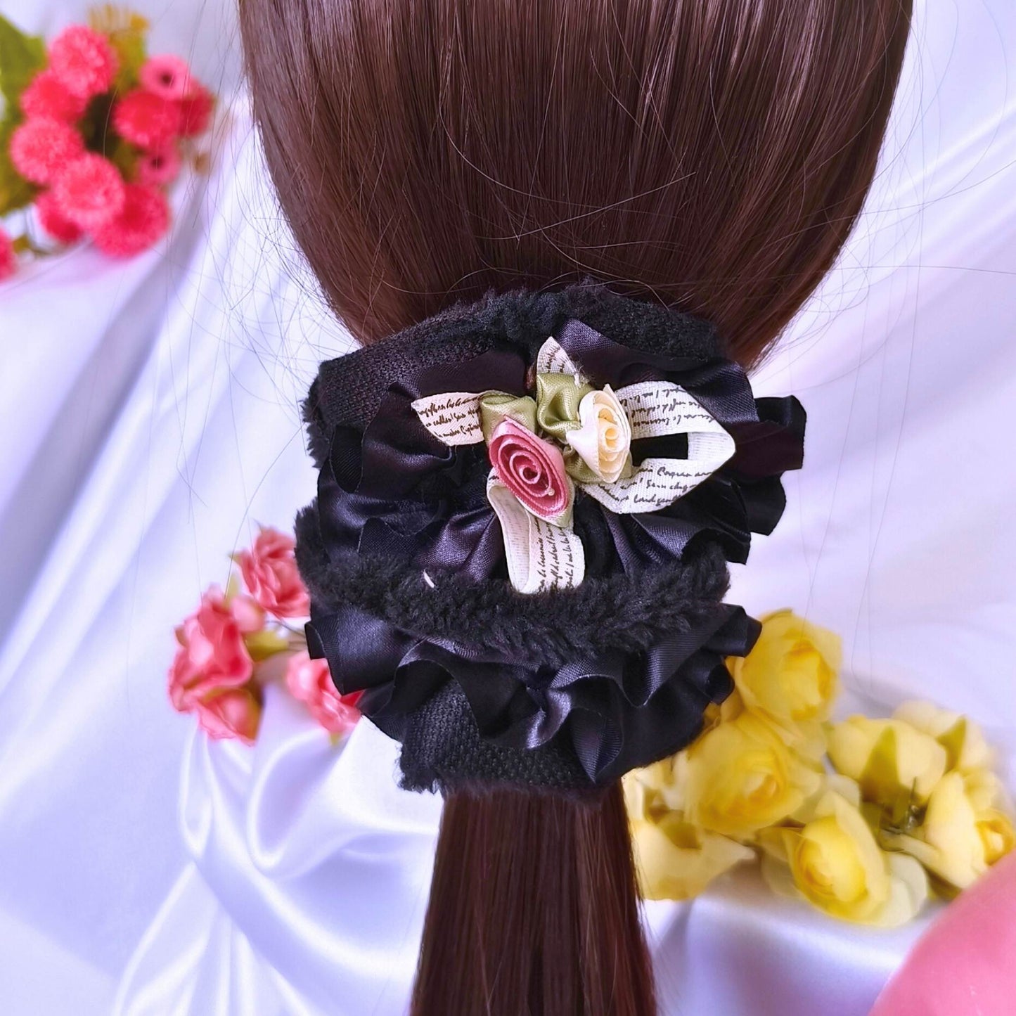 Premium Soft Bloom Furry Satin Scrunchie - Light Yellow.