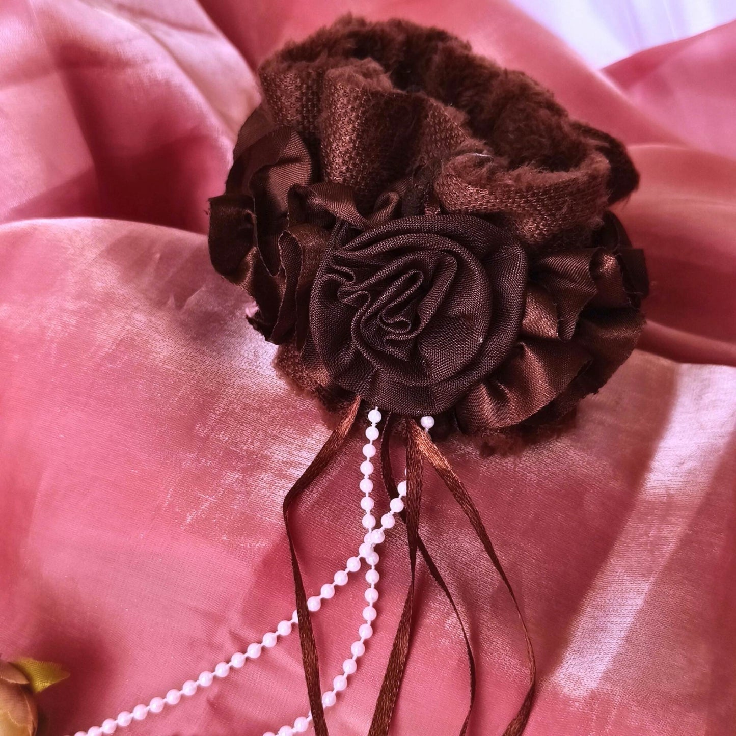 Blooming Furry-Satin scrunchies with pearl & lace