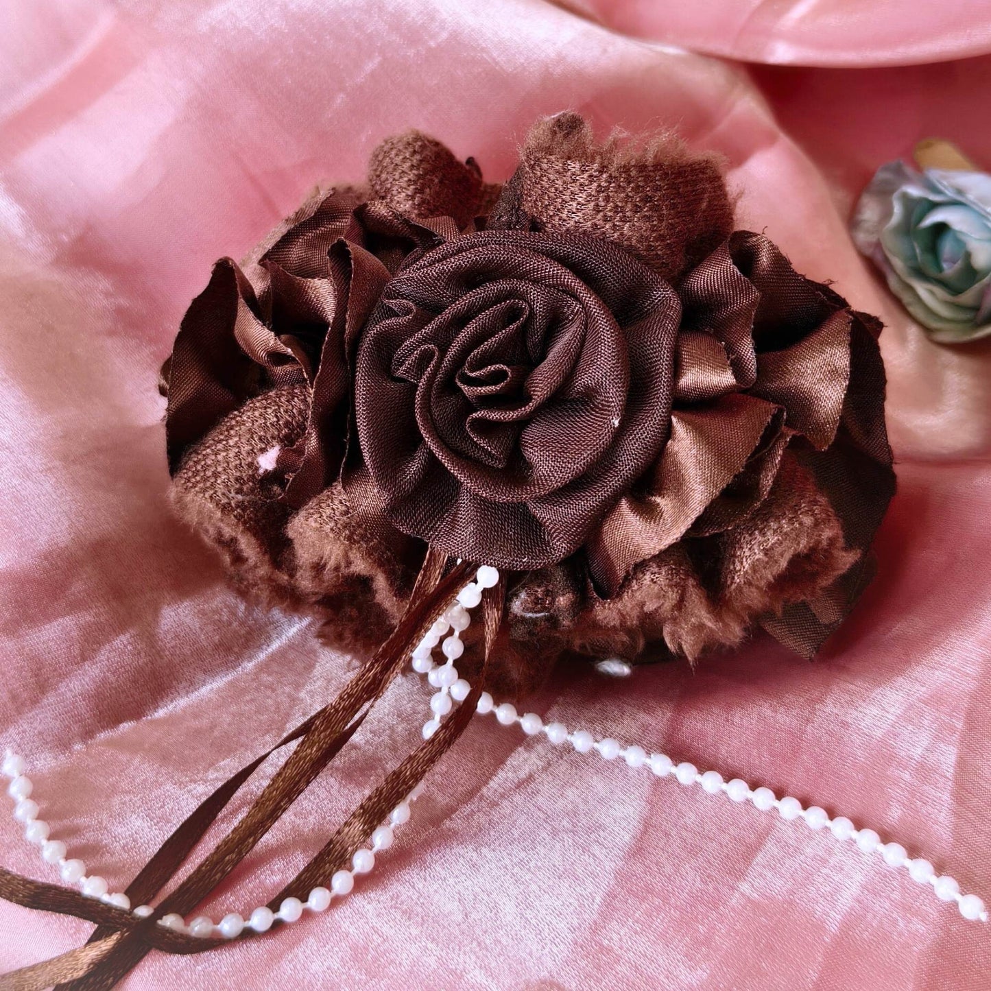 Blooming Furry-Satin scrunchies with pearl & lace