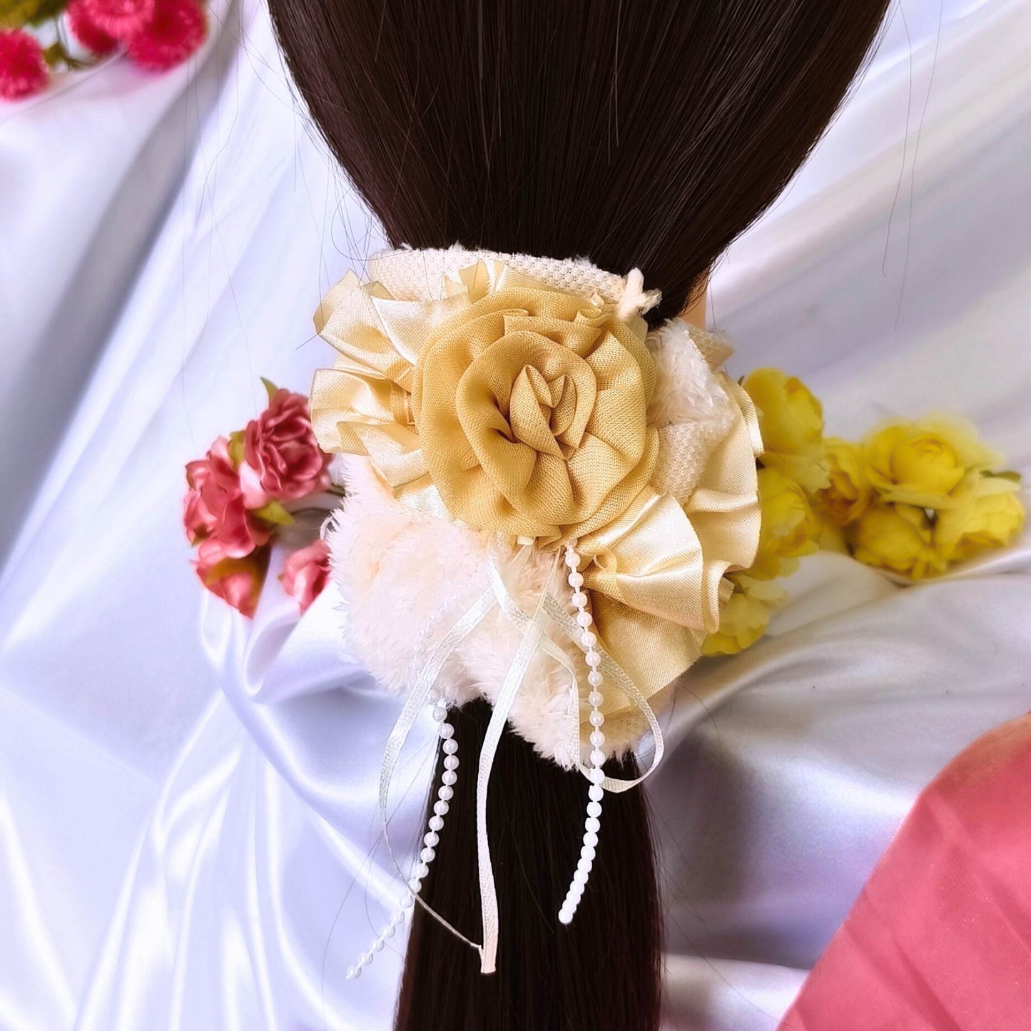 Blooming Furry-Satin scrunchies with pearl & lace