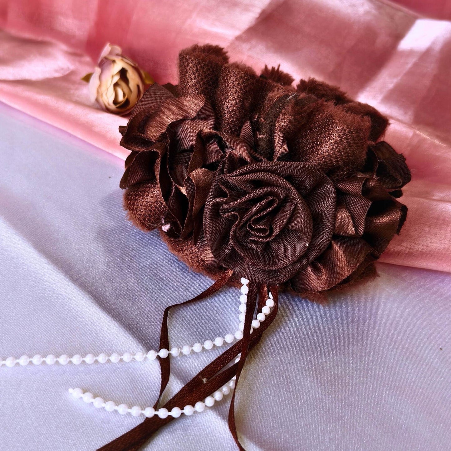 Blooming Furry-Satin scrunchies with pearl & lace
