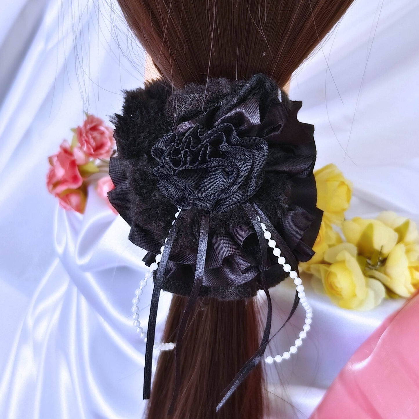 Blooming Furry-Satin scrunchies with pearl & lace