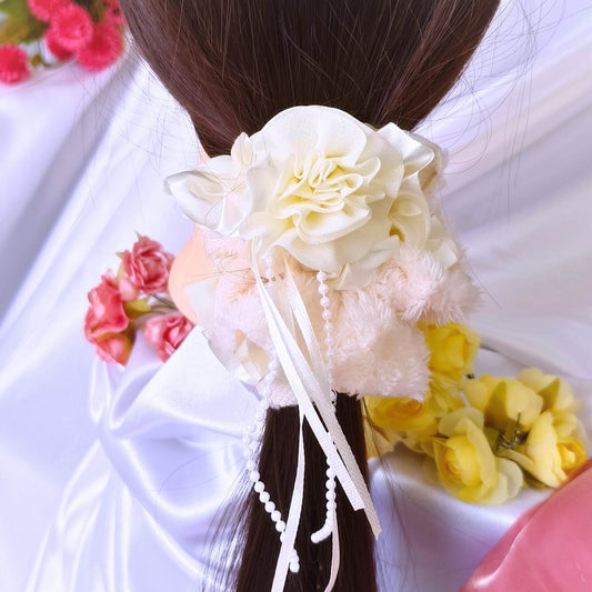 Blooming Furry-Satin scrunchies with pearl & lace