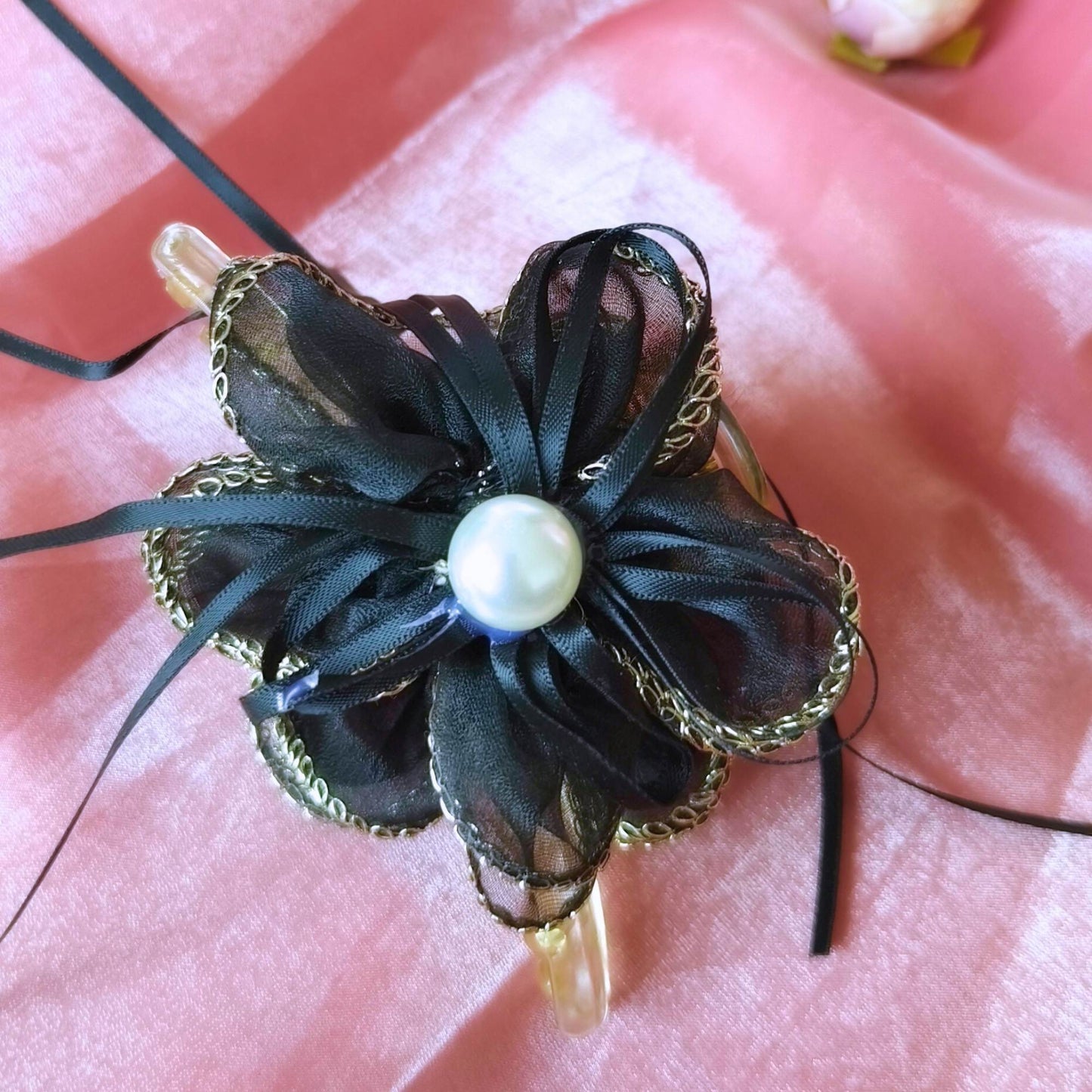 Blooming Organza flower claw clip with Golden Border- Black